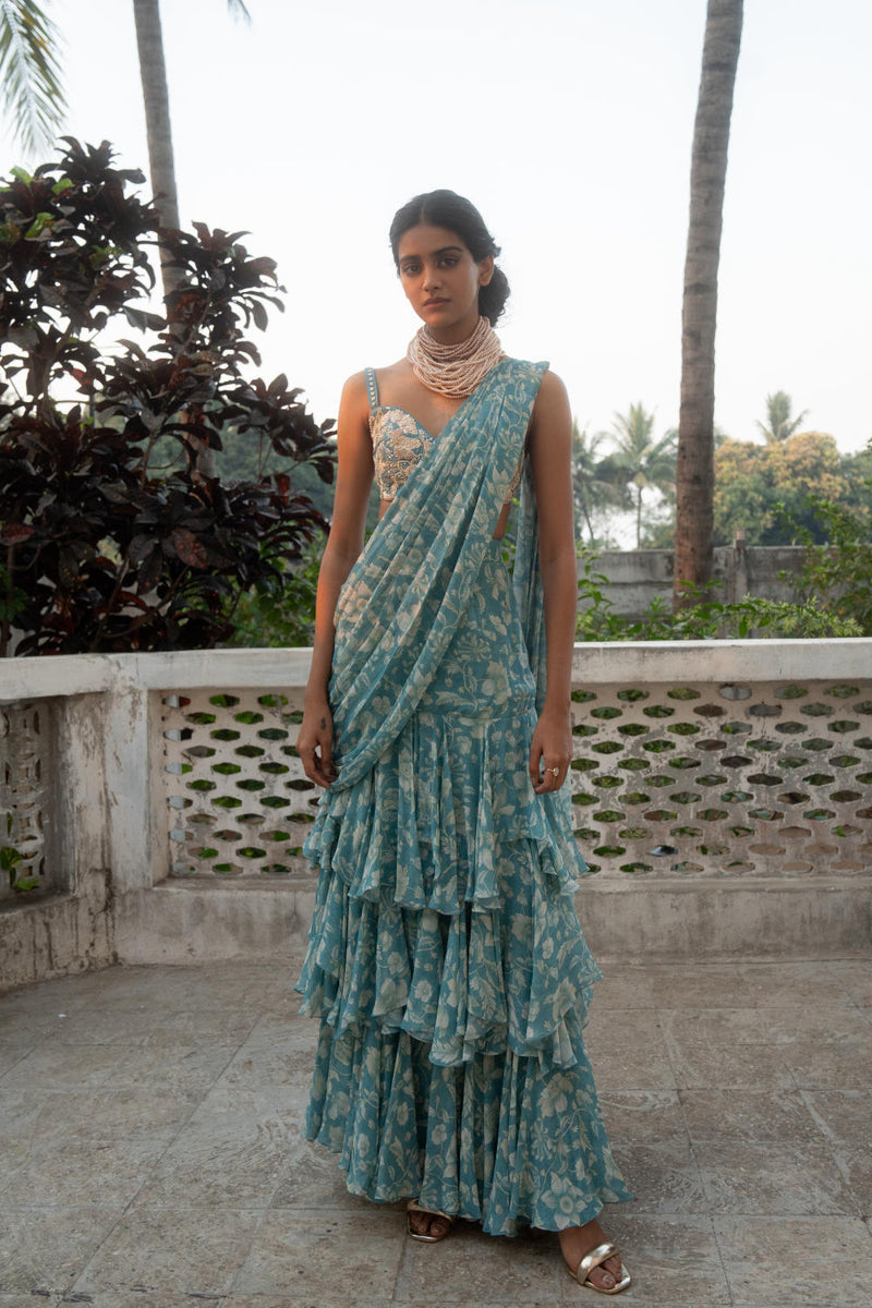 PH-3090 Saree Blouse Set-Ice Blue georgette by Paulmi & Harsh in blue color for women Worldwide