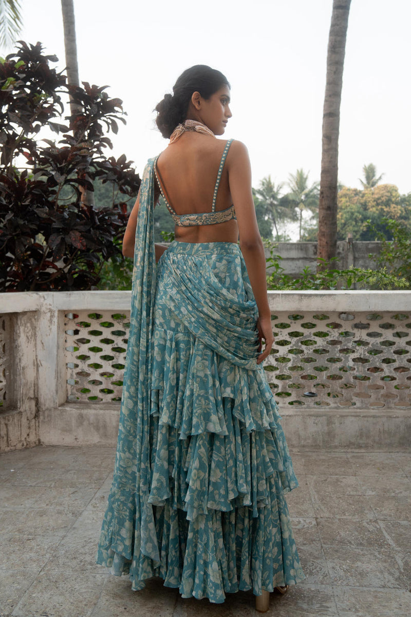 PH-3090 Saree Blouse Set-Ice Blue georgette by Paulmi & Harsh in blue color for women Worldwide
