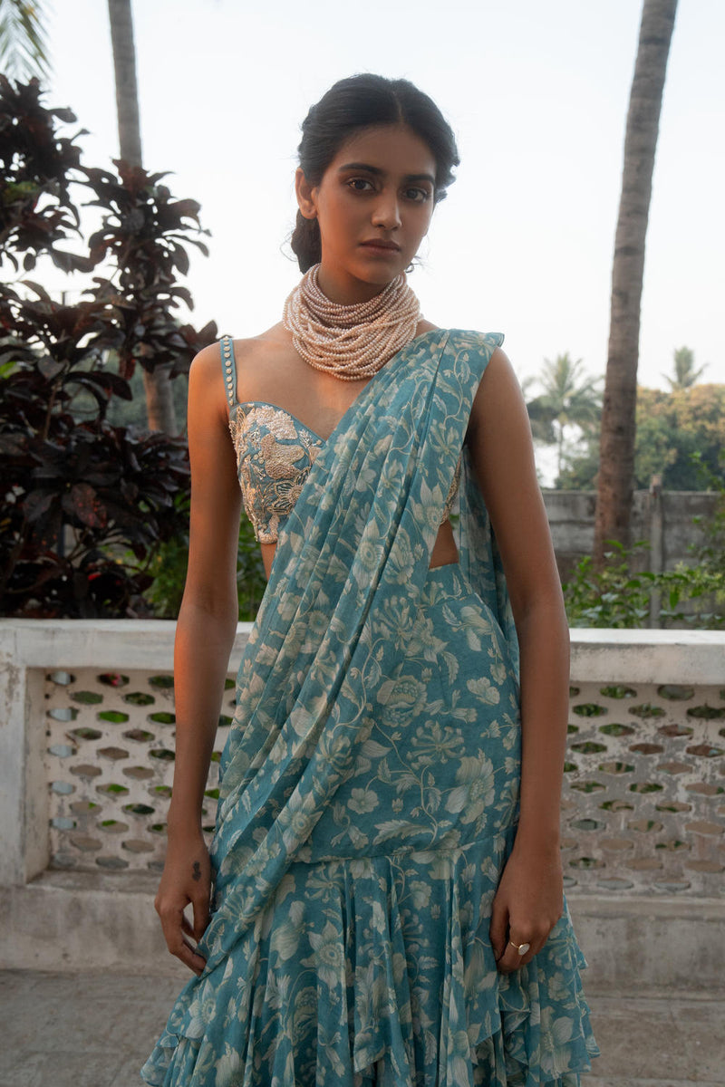 PH-3090 Saree Blouse Set-Ice Blue georgette by Paulmi & Harsh in blue color for women Worldwide