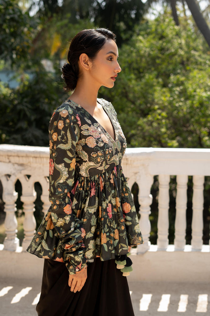 PH-3098 Peplum Skirt set-Black silk by Paulmi & Harsh in black color for women Worldwide