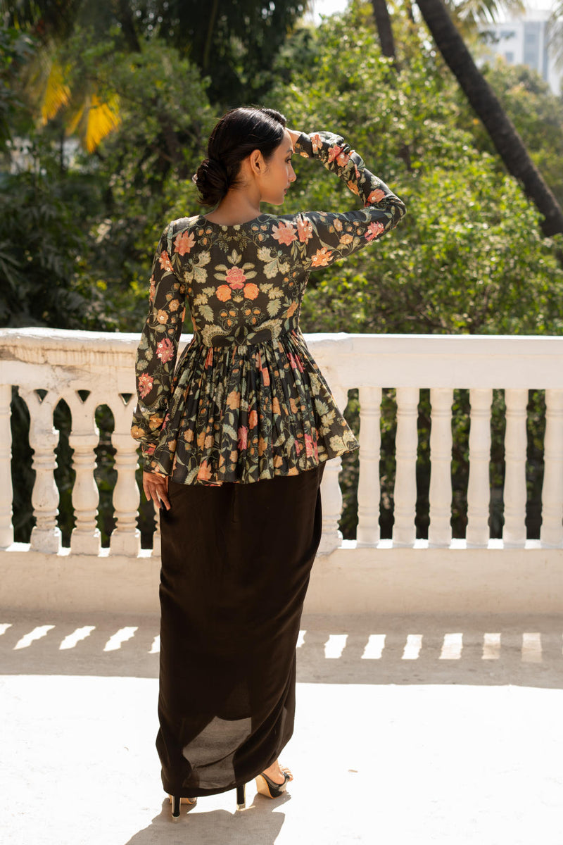 PH-3098 Peplum Skirt set-Black silk by Paulmi & Harsh in black color for women Worldwide