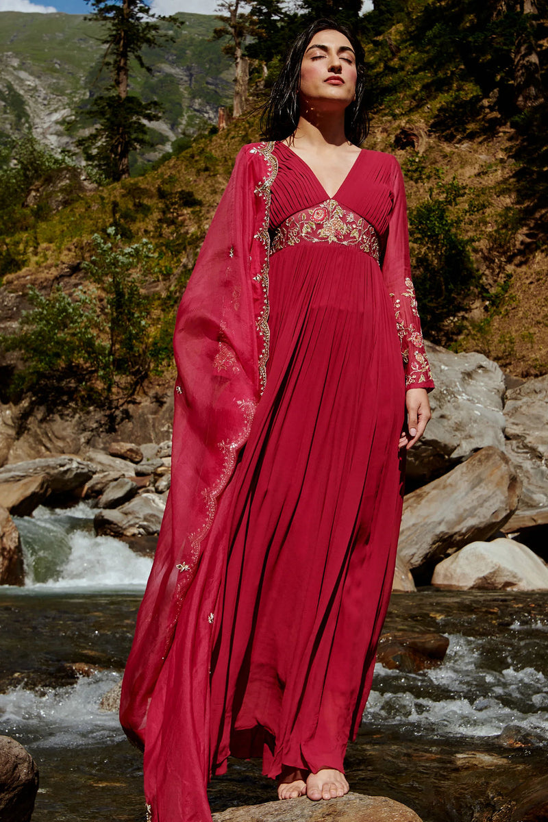 Pia Anarkali Set georgettte by Paulmi & Harsh-kahan Sep'26 in wine for women Worldwide