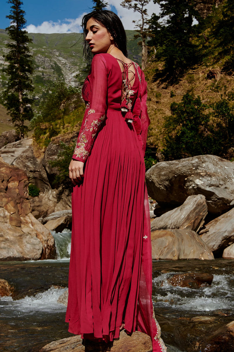 Pia Anarkali Set georgettte by Paulmi & Harsh-kahan Sep'26 in wine for women Worldwide