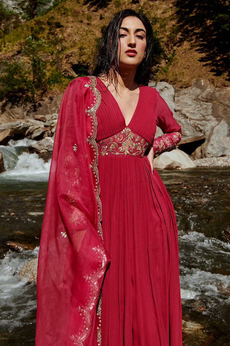 Pia Anarkali Set georgettte by Paulmi & Harsh-kahan Sep'26 in wine for women Worldwide