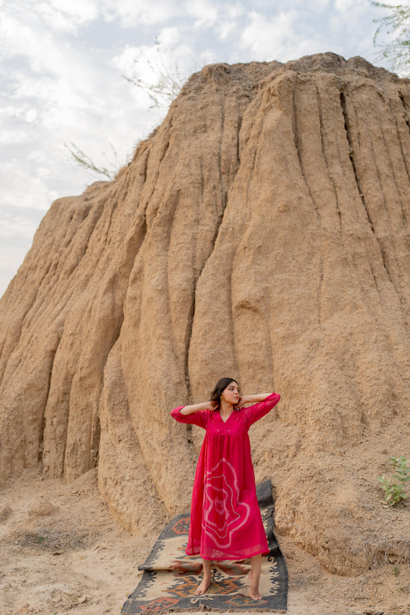 RANI PINK ARAZI DRESS chanderi by Nirjara in pink color for women Worldwide