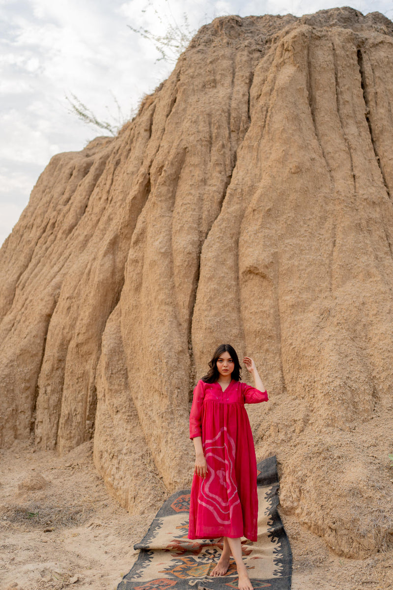 RANI PINK ARAZI DRESS chanderi by Nirjara in pink color for women Worldwide