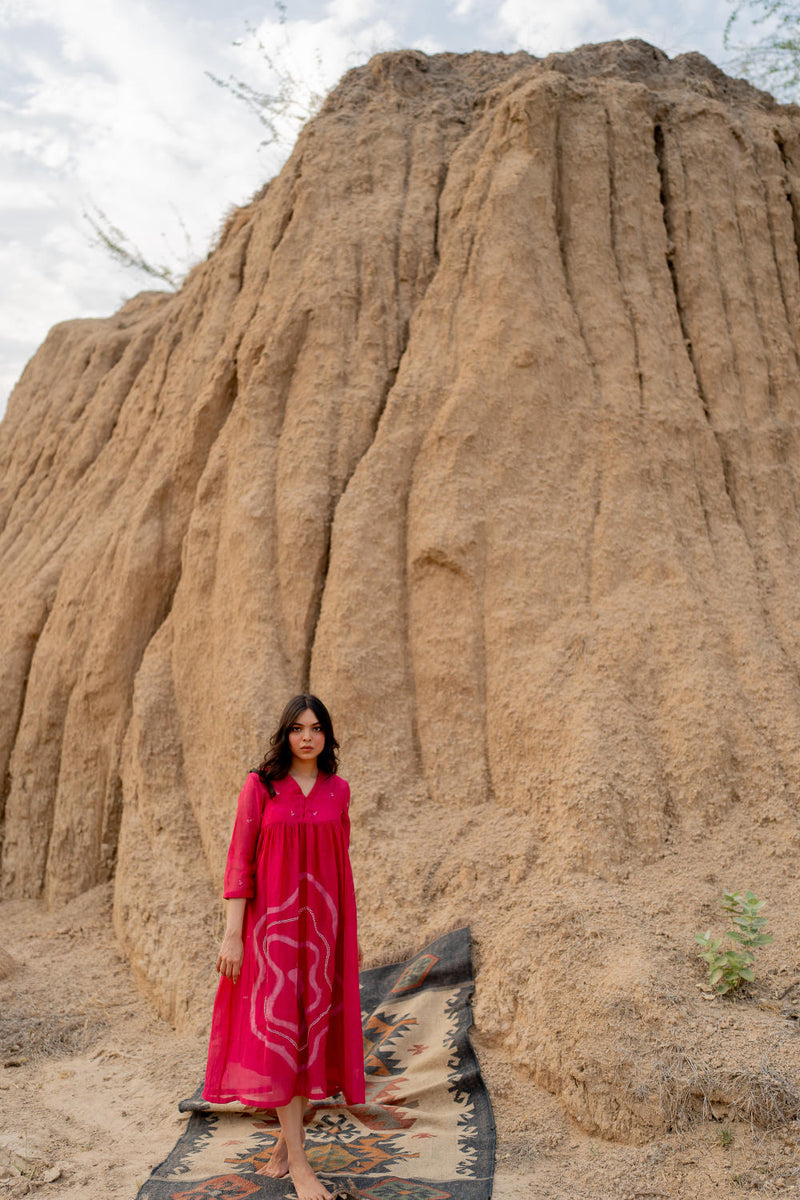 RANI PINK ARAZI DRESS chanderi by Nirjara in pink color for women Worldwide