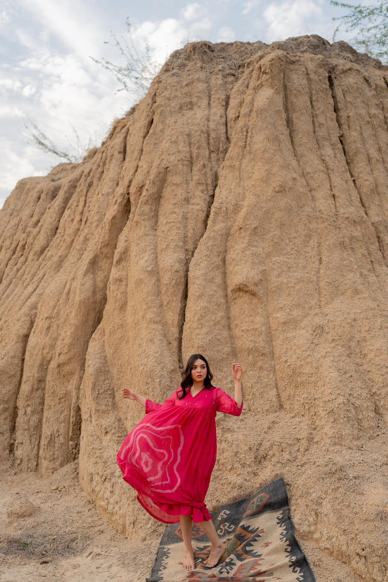 RANI PINK ARAZI DRESS chanderi by Nirjara in pink color for women Worldwide