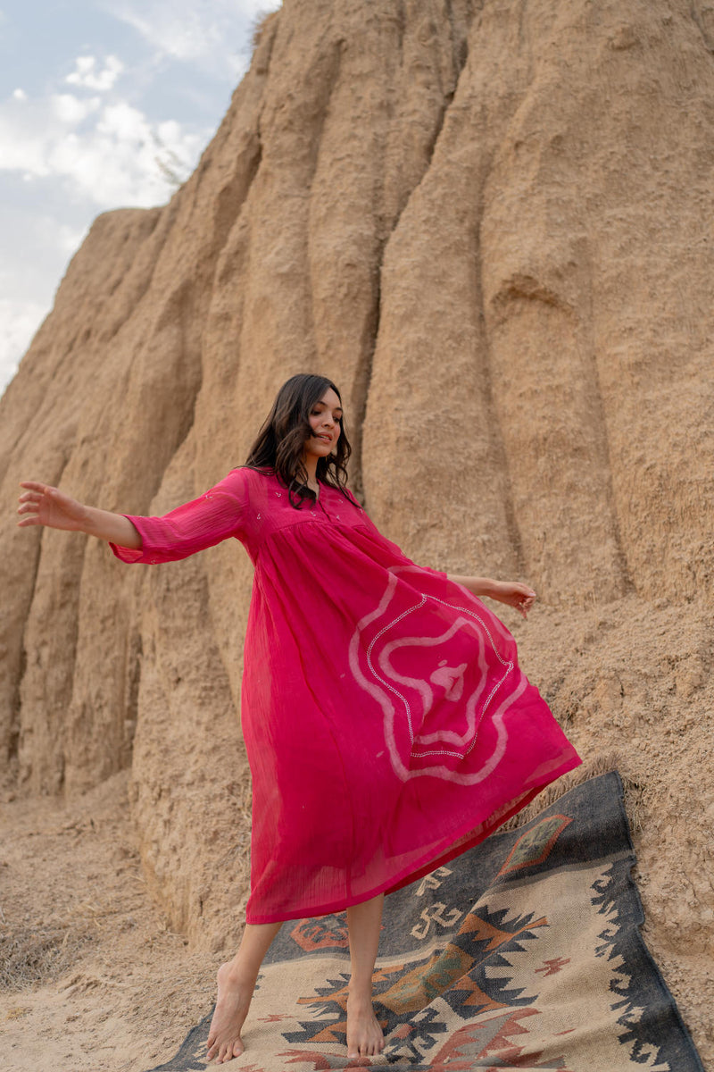 RANI PINK ARAZI DRESS chanderi by Nirjara in pink color for women Worldwide