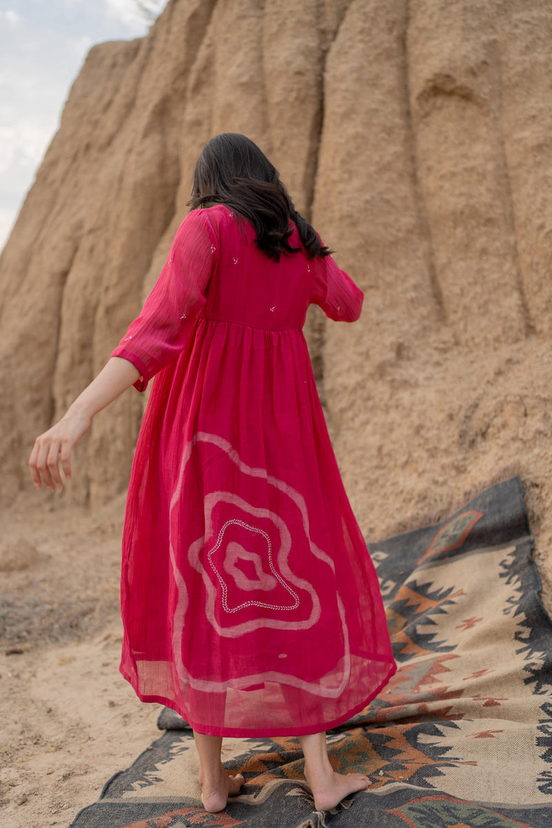 RANI PINK ARAZI DRESS chanderi by Nirjara in pink color for women Worldwide