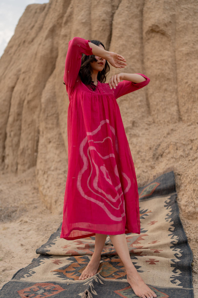 RANI PINK ARAZI DRESS chanderi by Nirjara in pink color for women Worldwide