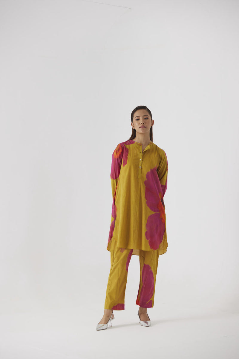 PINK MUSTARD POPPIES SHORT KURTA SET cotton by Yam in yellow color for women Worldwide