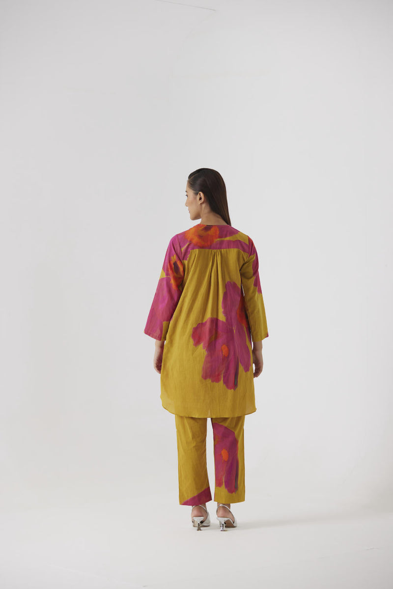 PINK MUSTARD POPPIES SHORT KURTA SET cotton by Yam in yellow color for women Worldwide