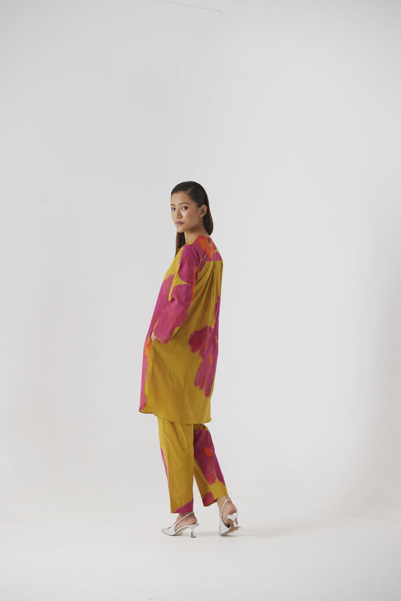 PINK MUSTARD POPPIES SHORT KURTA SET cotton by Yam in yellow color for women Worldwide