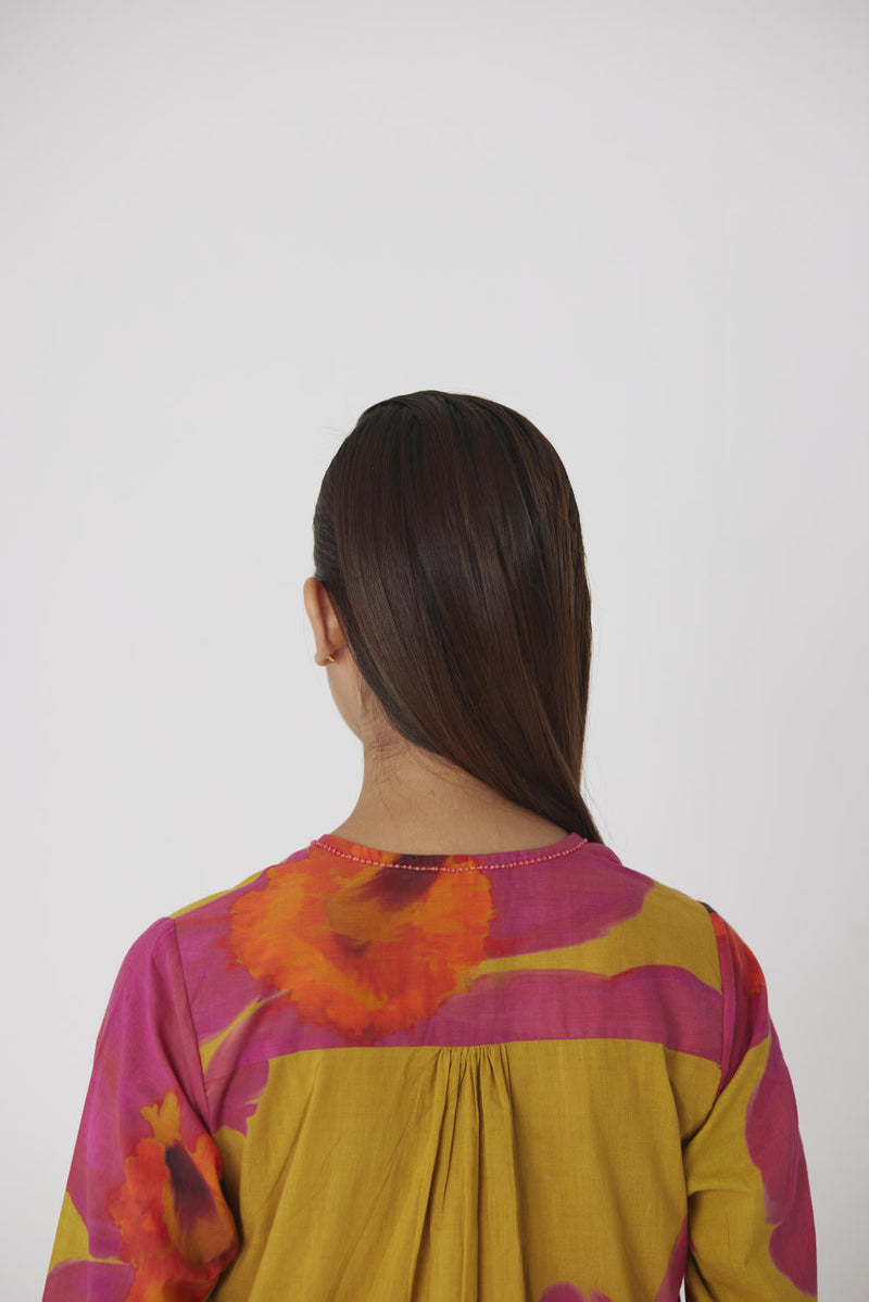 PINK MUSTARD POPPIES SHORT KURTA SET cotton by Yam in yellow color for women Worldwide