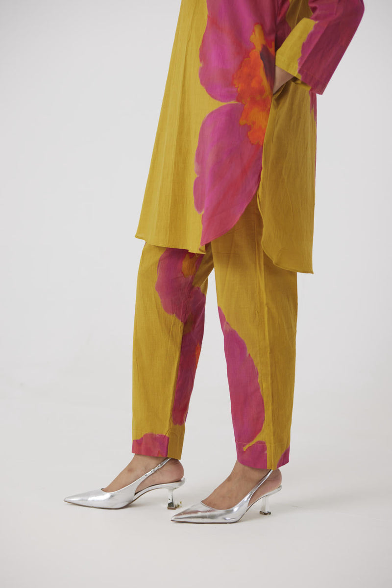 PINK MUSTARD POPPIES SHORT KURTA SET cotton by Yam in yellow color for women Worldwide