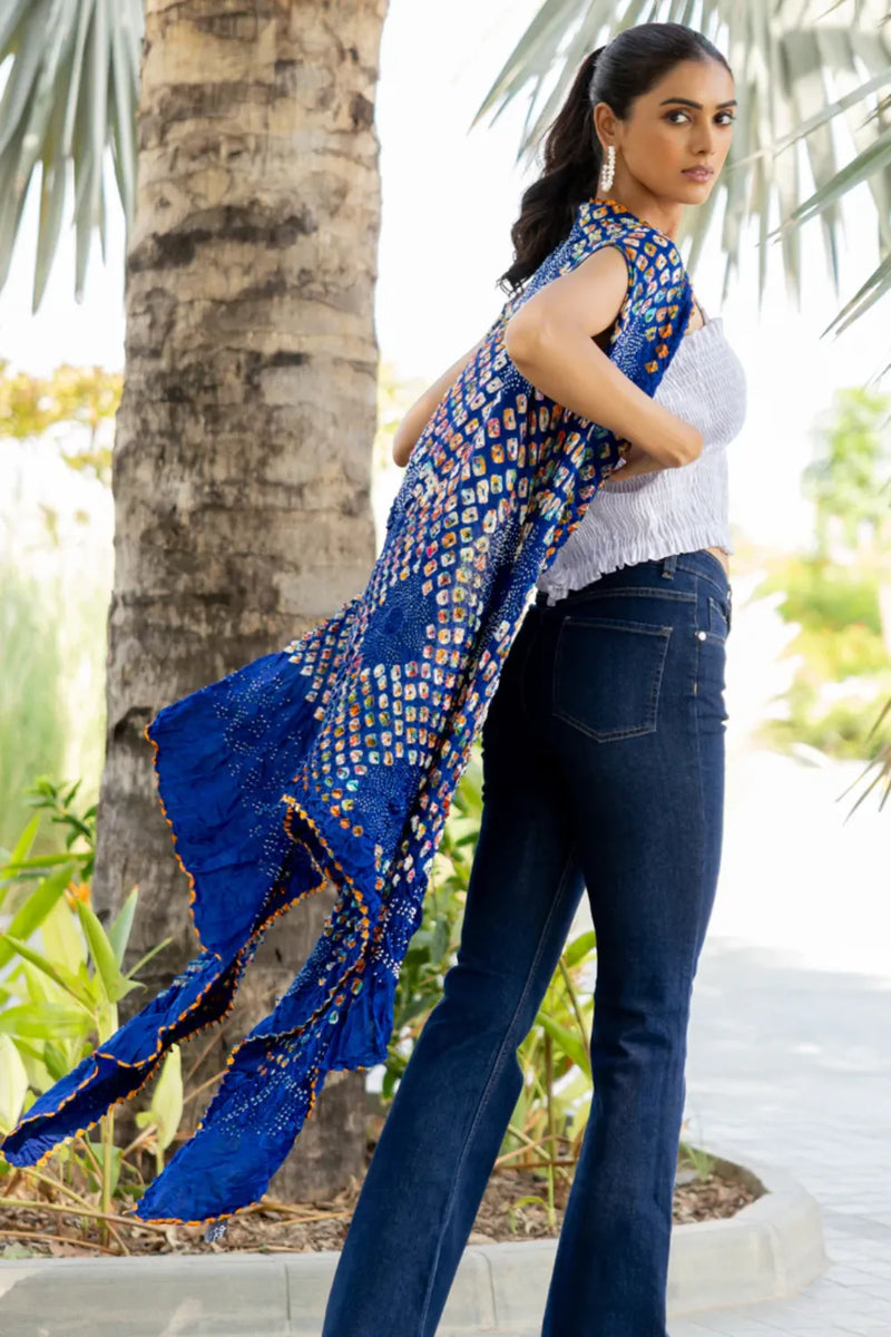 PINWHEEL SHRUG-INDIGO silk by Dyelogue for women Worldwide