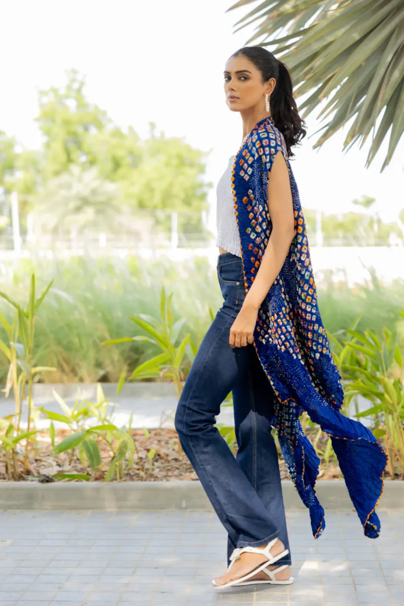 PINWHEEL SHRUG-INDIGO silk by Dyelogue for women Worldwide