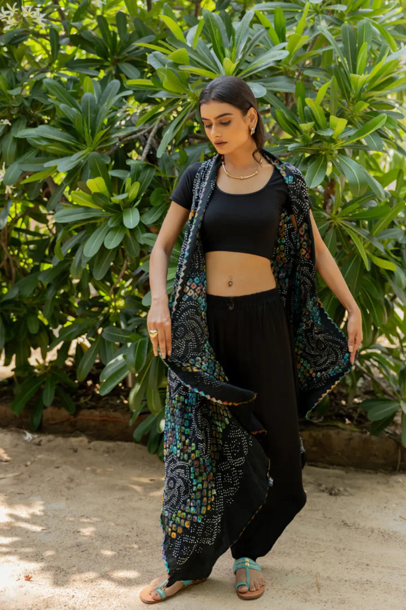 PINWHEEL SHRUG-BLACK silk by Dyelogue in black color for women Worldwide