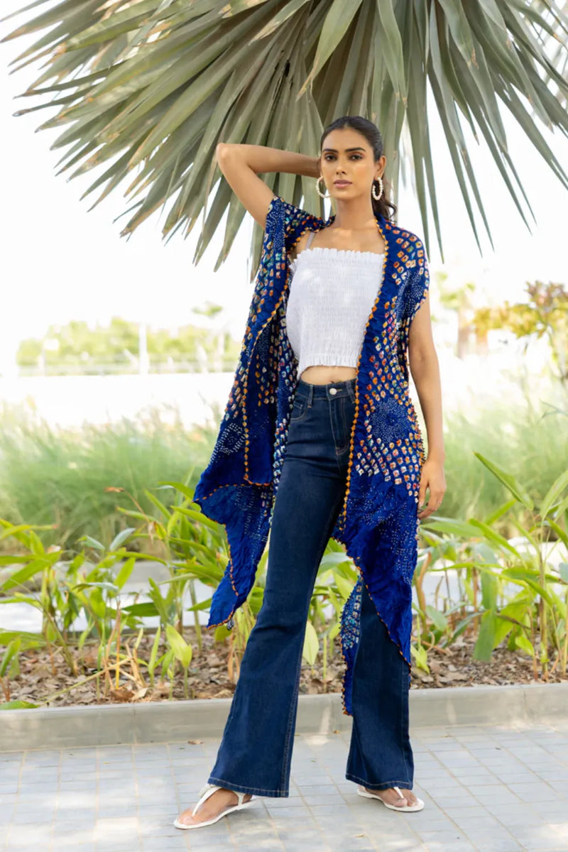 PINWHEEL SHRUG-INDIGO silk by Dyelogue for women Worldwide