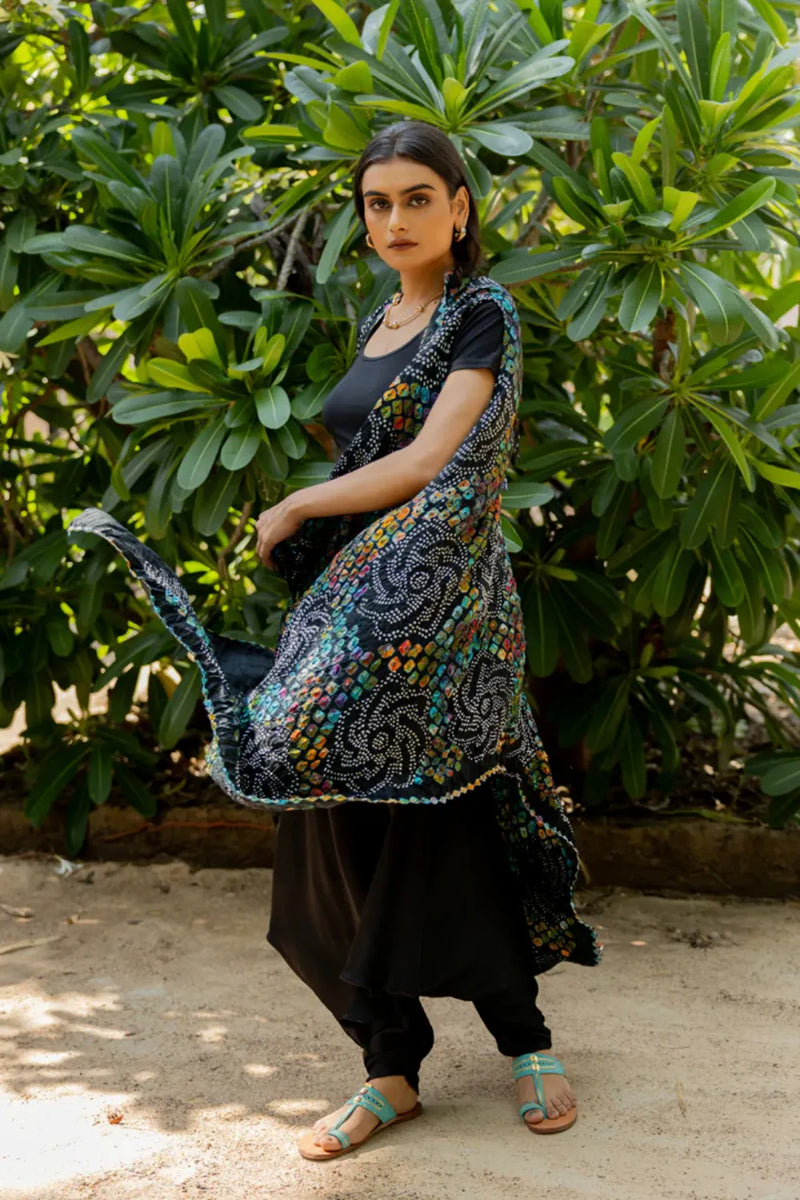 PINWHEEL SHRUG-BLACK silk by Dyelogue in black color for women Worldwide