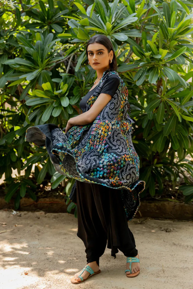 PINWHEEL SHRUG-BLACK silk by Dyelogue in black color for women Worldwide