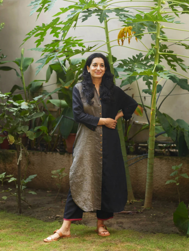 Clara Metallic Shirt Co-ord Set - Black linen by Manan in black color for women Worldwide