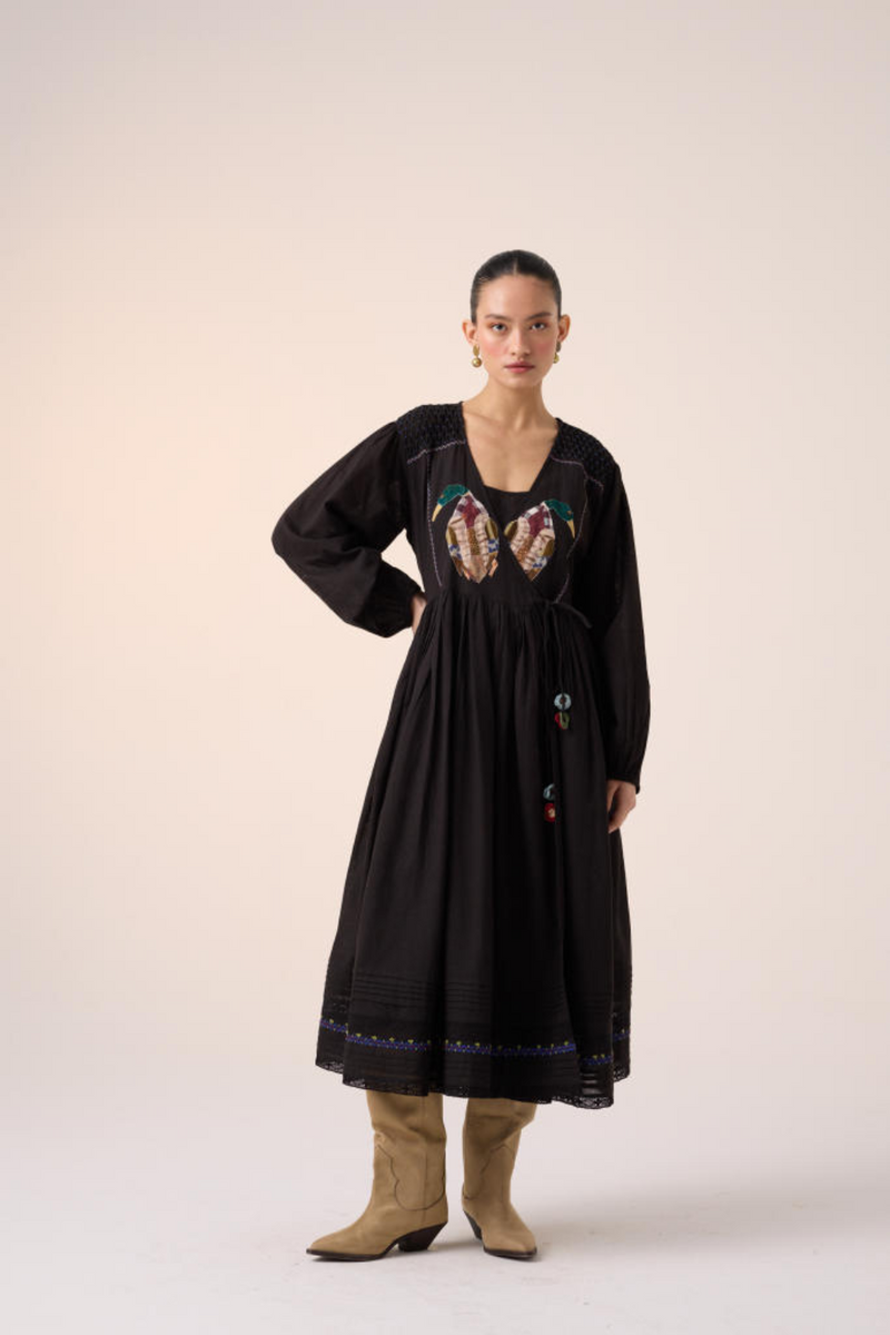 POEM DRESS -BLACK DUCK APPLIQUE cotton by CORD in multi for women Worldwide