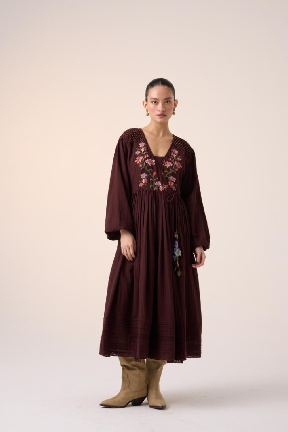 POEM DRESS -MAROON PIXEL EMBROIDERY