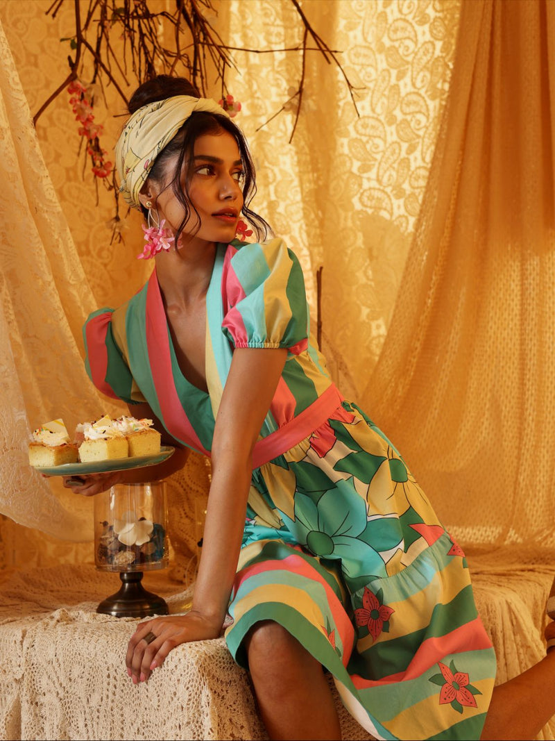 Multicolor Short Tier Dress cotton by Kritika Murarka in multi color for women Worldwide