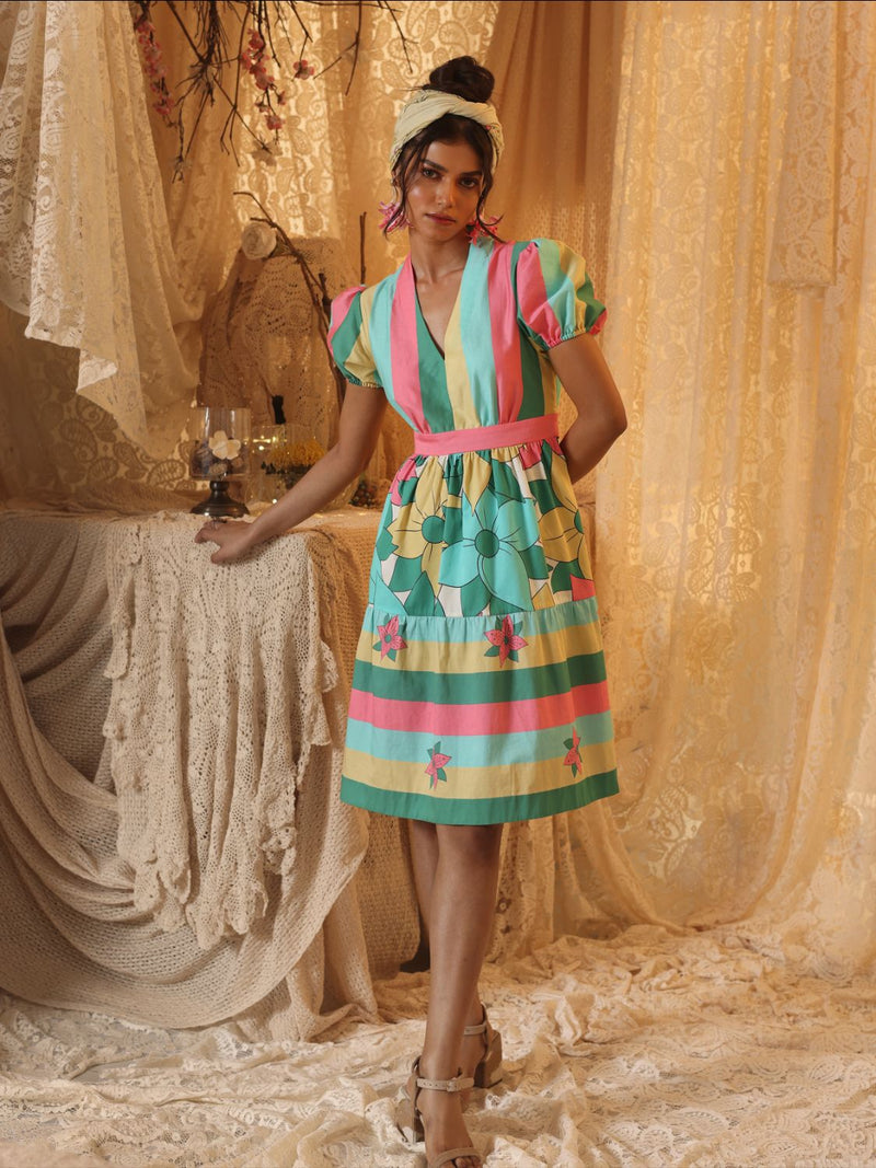 Multicolor Short Tier Dress cotton by Kritika Murarka in multi color for women Worldwide