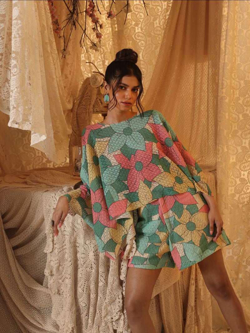Big Floral Kaftan Top And Shorts Set cotton by Kritika Murarka in multi color for women Worldwide