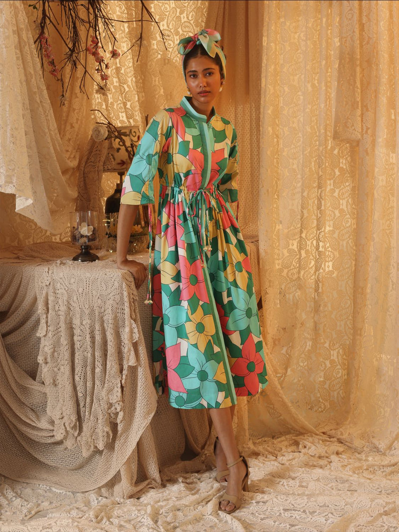 Big Floral Allover Drawstring Dress cotton by Kritika Murarka in multi color for women Worldwide
