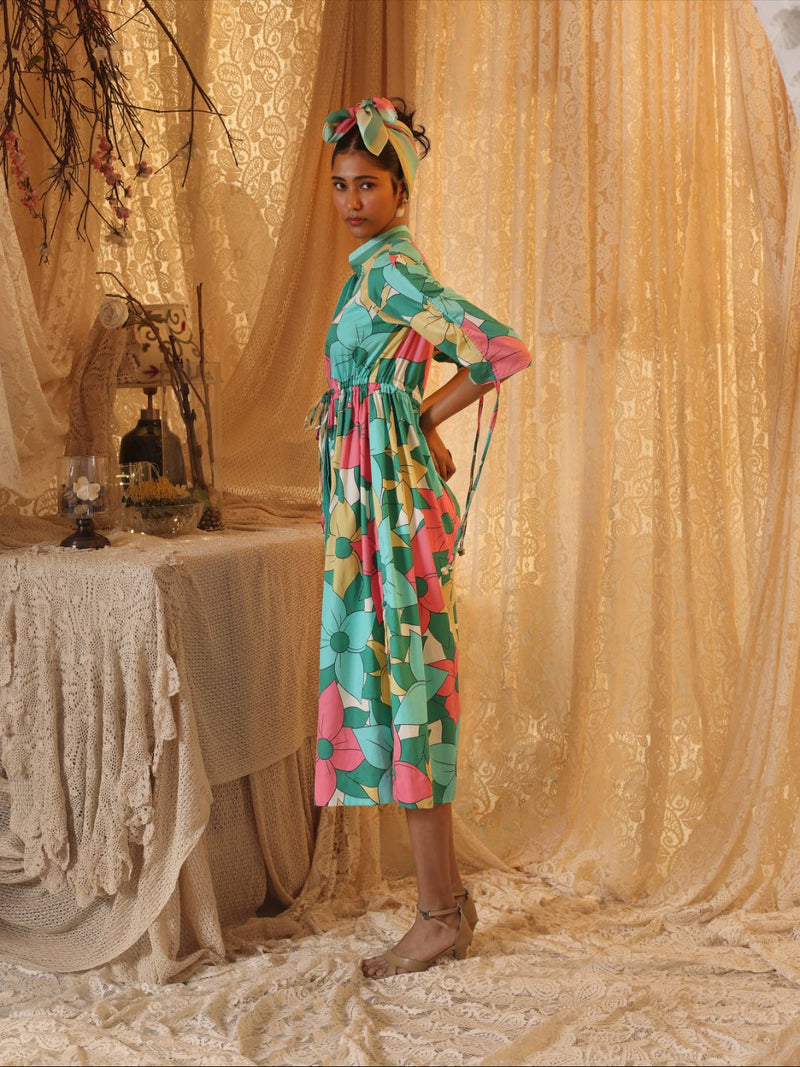 Big Floral Allover Drawstring Dress cotton by Kritika Murarka in multi color for women Worldwide