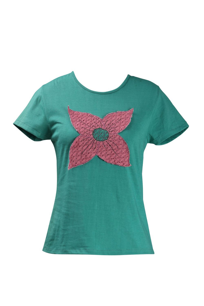 Green Knit Floral Applique Tee Shirt cotton by Kritika Murarka in green color for women Worldwide