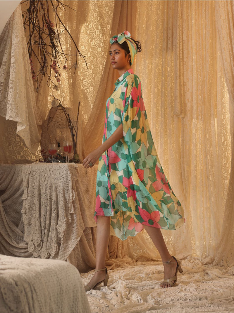 Big Floral Kaftan Shirt Dress chiffon by Kritika Murarka in multi color for women Worldwide
