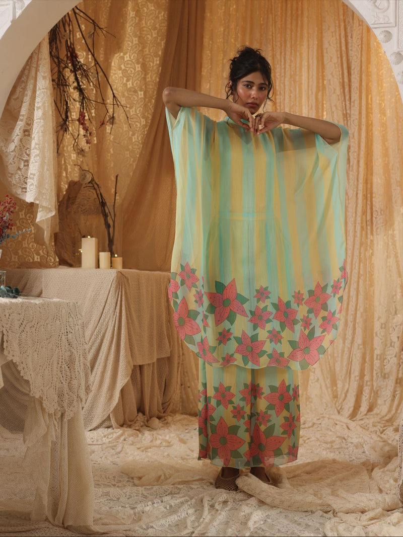 Yellow Blue Stripe Chiffon Pants chiffon by Kritika Murarka in blue color for women Worldwide