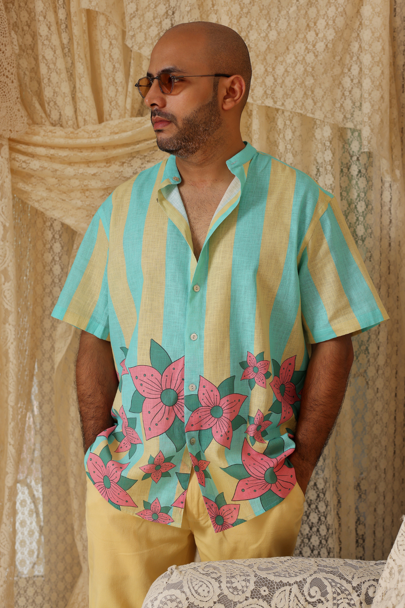 Yellow Blue Stripe Men'S Shirt by Kritika Murarka in blue color for men Worldwide