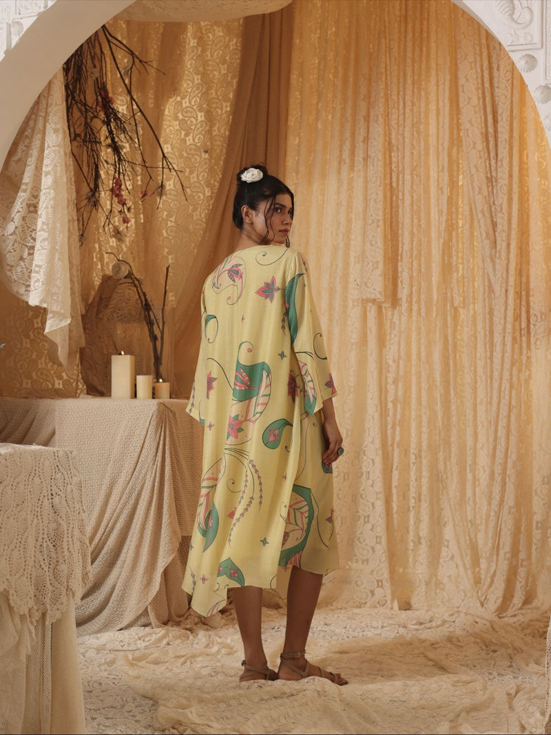 Yellow Paisley Tunic Dress silk by Kritika Murarka in yellow color for women Worldwide