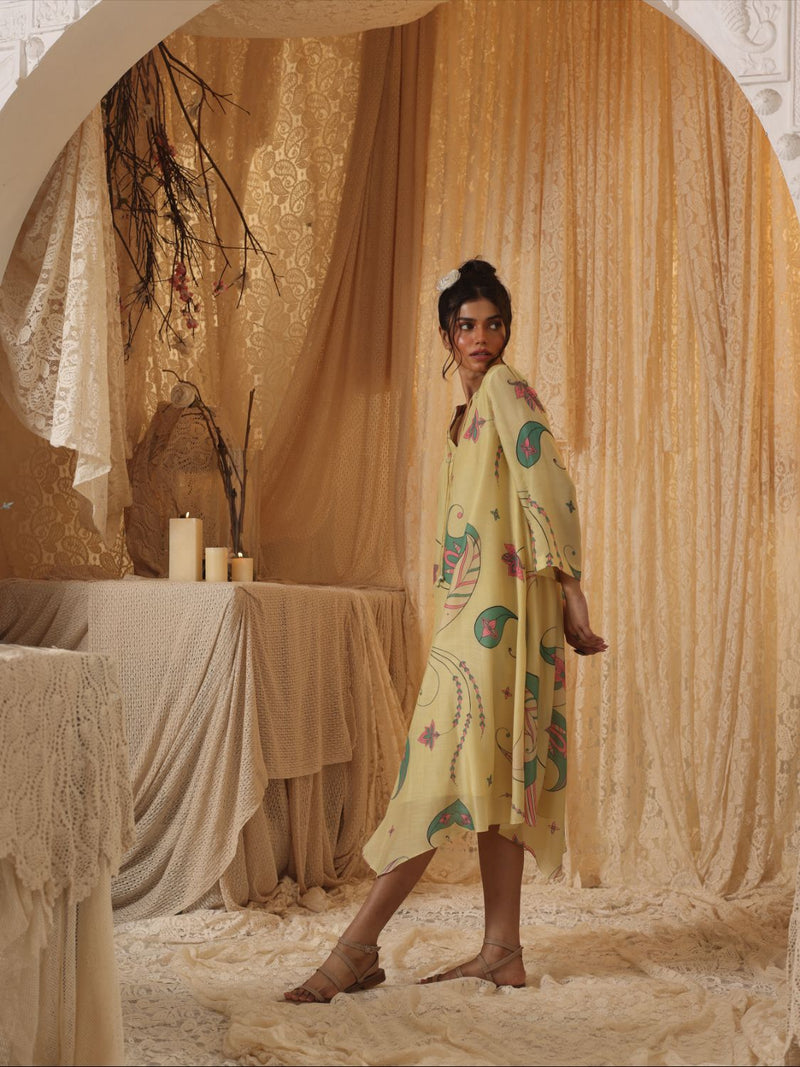 Yellow Paisley Tunic Dress silk by Kritika Murarka in yellow color for women Worldwide