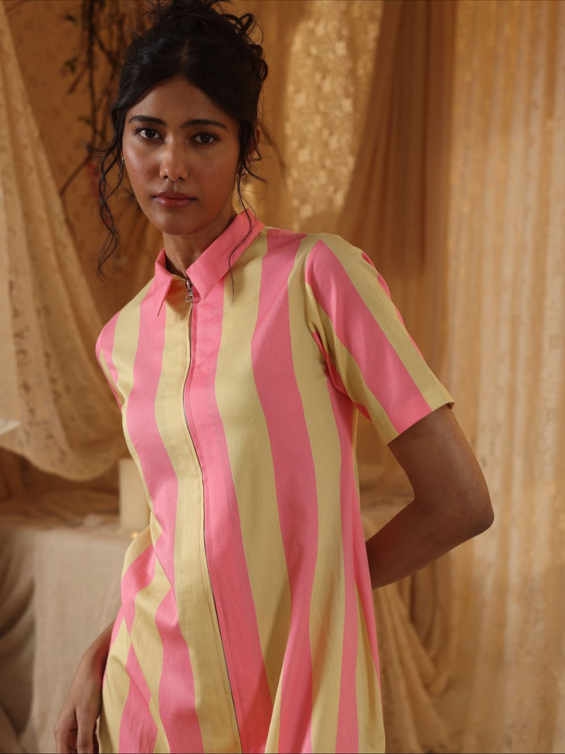 Yellow Pink Stripe Zipper Dress cotton by Kritika Murarka in pink color for women Worldwide