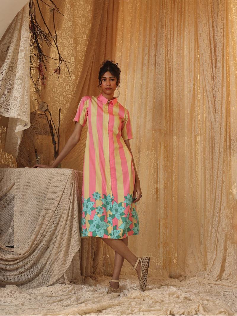 Yellow Pink Stripe Zipper Dress cotton by Kritika Murarka in pink color for women Worldwide