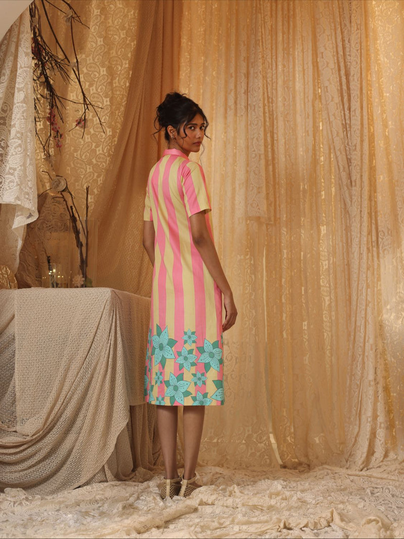 Yellow Pink Stripe Zipper Dress cotton by Kritika Murarka in pink color for women Worldwide