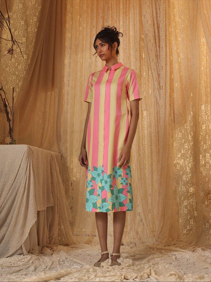 Yellow Pink Stripe Zipper Dress cotton by Kritika Murarka in pink color for women Worldwide