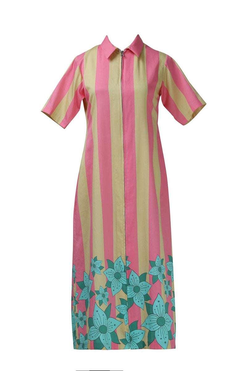 Yellow Pink Stripe Zipper Dress cotton by Kritika Murarka in pink color for women Worldwide