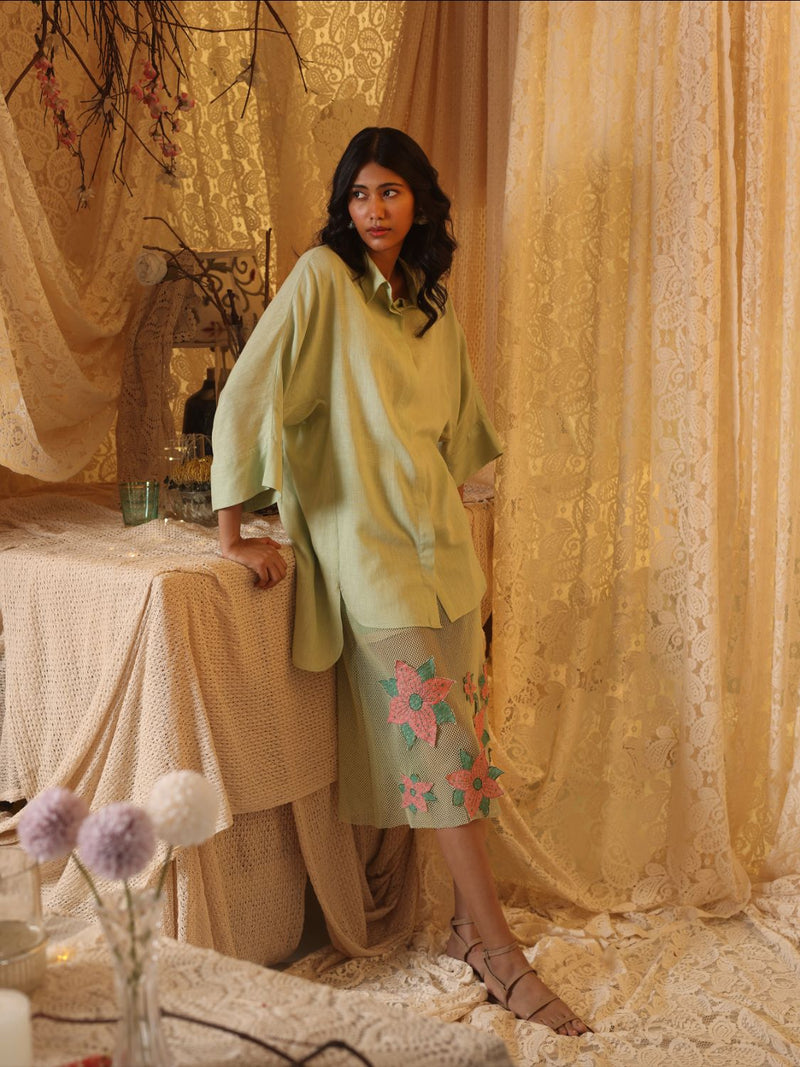 Mint Green Floral Applique Skirt cotton by Kritika Murarka in mint color for women Worldwide