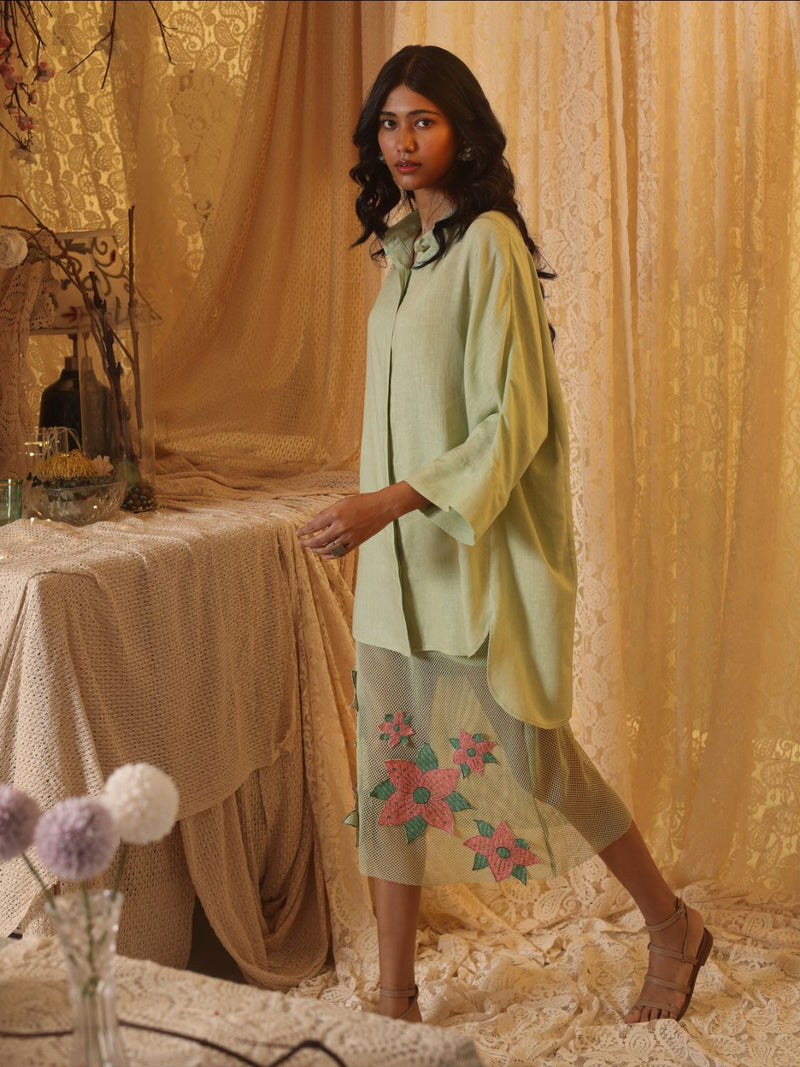Mint Green Linen Shirt by Kritika Murarka in mint color for women Worldwide