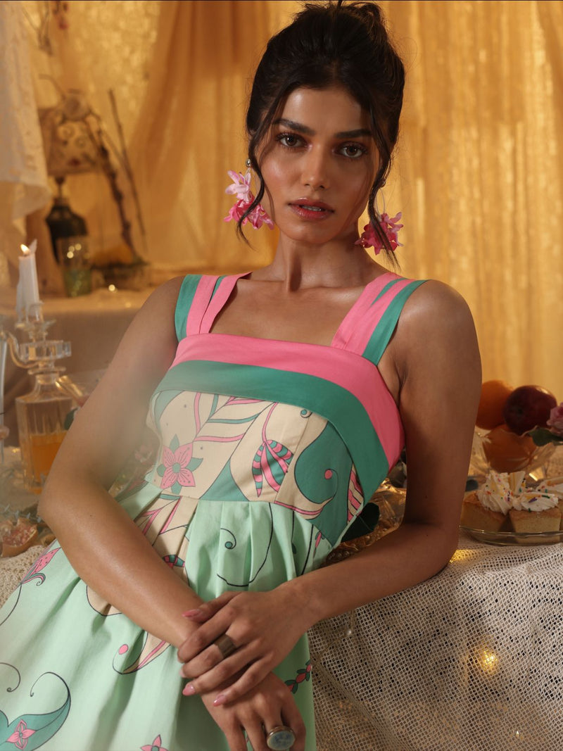 Mint Paisley Short Dress With Back Tie-Up cotton by Kritika Murarka in mint color for women Worldwide