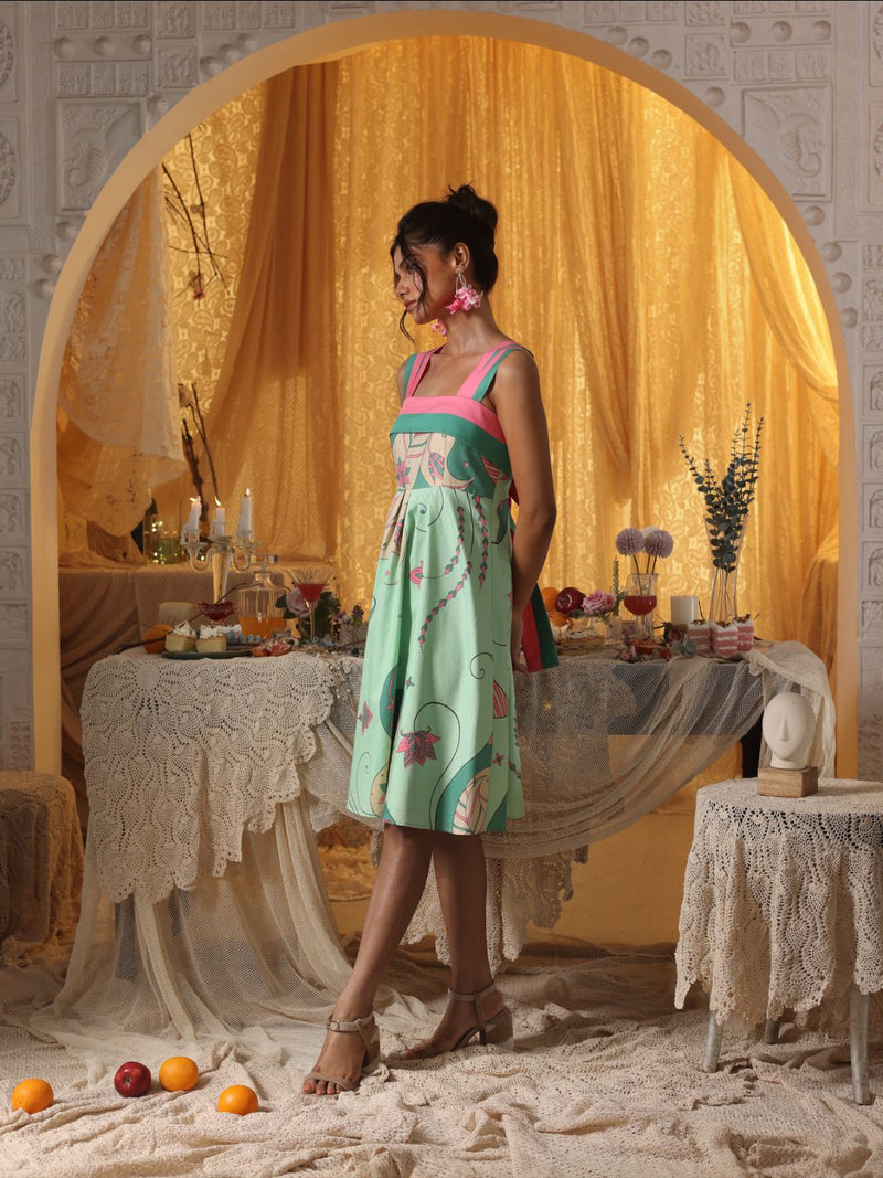 Mint Paisley Short Dress With Back Tie-Up cotton by Kritika Murarka in mint color for women Worldwide