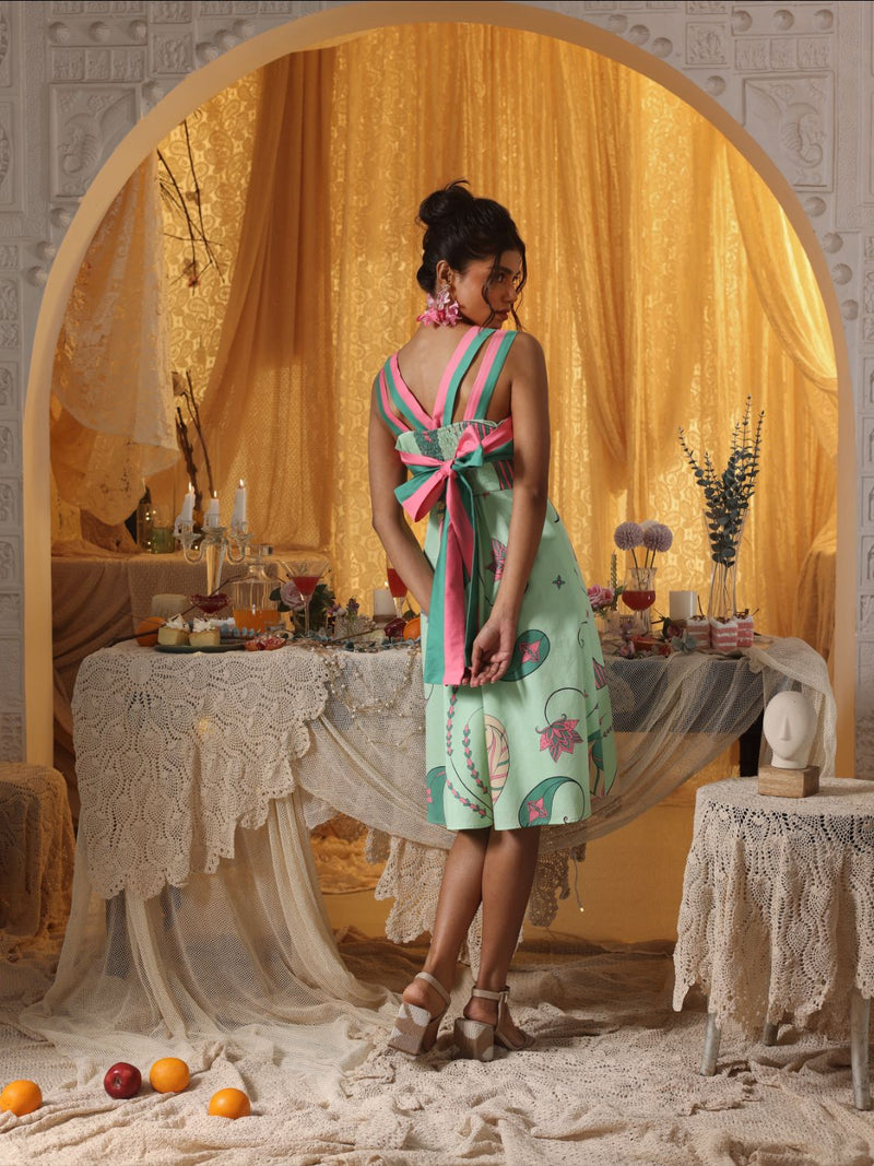 Mint Paisley Short Dress With Back Tie-Up cotton by Kritika Murarka in mint color for women Worldwide